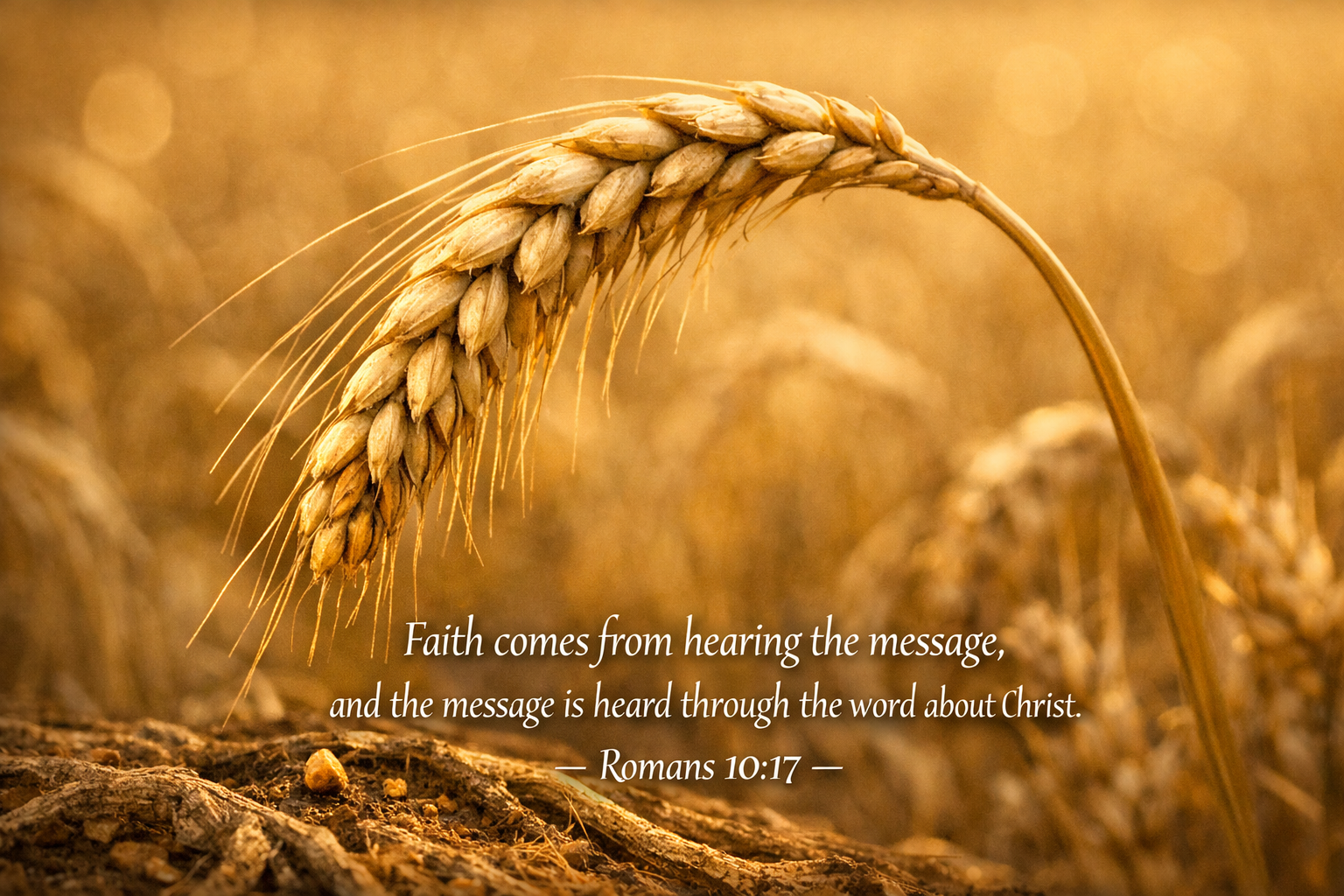 Ear of wheat bending toward the ground in a golden field with Romans 10:17 verse about faith coming from hearing